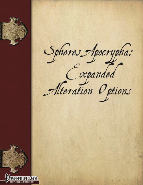 Pathfinder RPG guide book cover, maroon and beige design with gold accents, featuring company logo, Spheres Apocrypha: Expanded Alteration PDF, including fantasy elements and elegant typography.