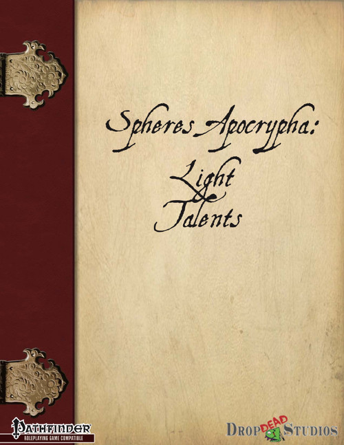 Spheres Apocrypha: Light Talents PDF cover featuring maroon and beige design with gold accents, Pathfinder logo, and Drop Dead Studios branding, a downloadable PDF resource for tabletop role-playing game enthusiasts.