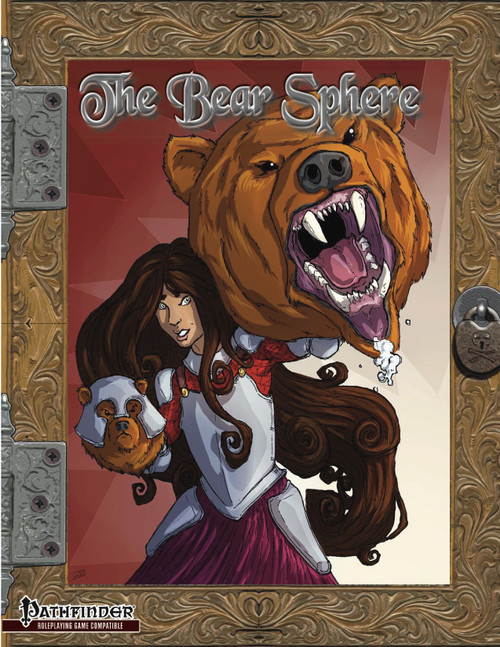 The Bear Sphere PFRPG PDF cover featuring a girl in armor with a bear's head behind her on a red background with a gold frame, published by Pathfinder Roleplaying Game.