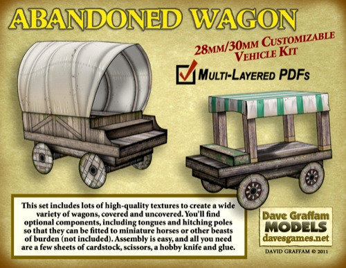 Dave Graffam Models' 30mm Abandoned Wagon papercraft vehicle kit, a customizable tabletop game accessory, featuring wooden structure, canvas cover, and multi-layered PDFs with various skins for 300dpi printing.