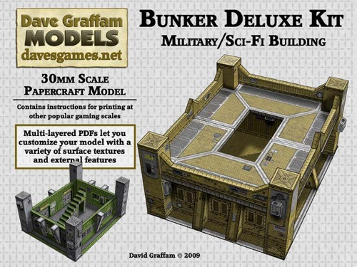 30mm papercraft bunker model kit, a downloadable PDF with customizable multi-layered designs in gray metal, desert brown, and jungle green schemes, suitable for 28mm-30mm sci-fi wargames and diorama creations.