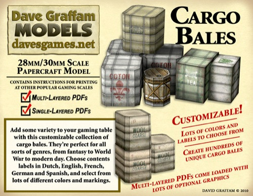 Cargo Bales 28mm/30mm paper models in various colors and sizes for tabletop games and dioramas, includes customizable labels, instructions and graphics, suitable for 28mm scale miniatures and model railroads, PDF download required for assembly.