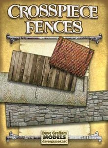 15mm-30mm scale Crosspiece Fences paper model kit featuring multiple texture layers, wooden and brick sections, metal pipes, and stone walls on a yellow background, easy to build with cardstock paper and simple tools, designed by Dave Graffam.