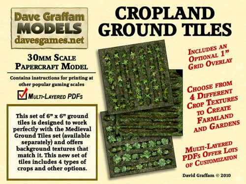30mm Cropland Ground Tiles Paper Models PDF, multi-layered terrain with customizable layers, including grass, mud, crops, furrows, and grid overlays, in green and brown hues, suitable for 28mm wargaming and miniature dioramas.