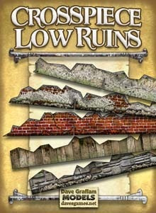 Crosspiece Low Ruins Paper Terrain PDF, featuring 15mm-30mm scale terrain with weathered brick and stone textures, multiple skins for customization, designed for tabletop gaming, in paper model kit format, for printing on cardstock paper.