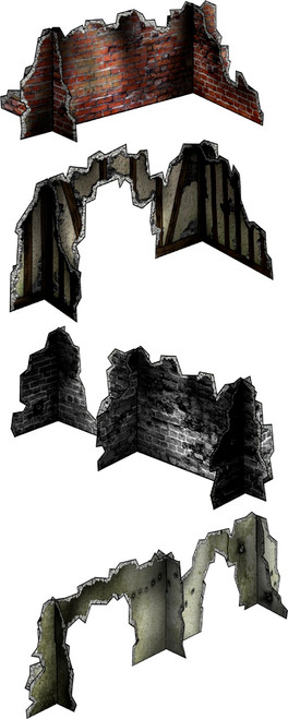 30mm paper models of ruined crosspieces from Crosspiece Ruins Set #2, featuring four interchangeable wall sections in various designs and colors, requiring cardstock and hobby supplies for wargaming and miniature applications.