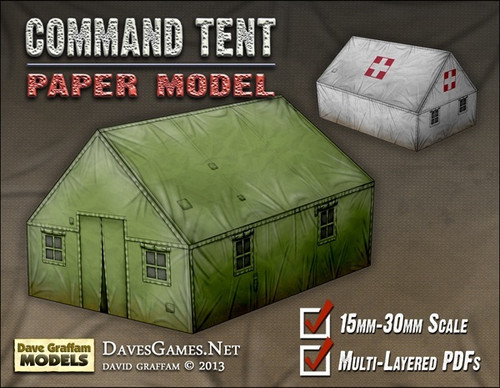 Command Tent Paper Model PDF by Dave Graffam Models, a 3-layered printable model, available in 15mm-30mm scale, requiring cardstock, scissors and glue for assembly, with adjustable print size percentage for customization.
