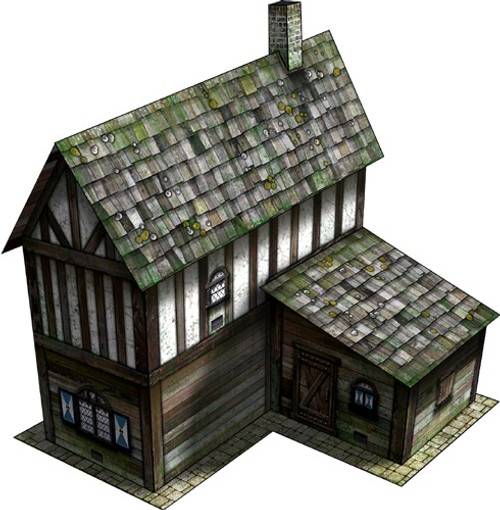 Apothecary 30mm paper model PDF terrain, customizable wargaming building with 2-story wooden structure, half-timbered facade, and green roof, available in various styles and configurations for a unique 30mm-scale miniature setup.