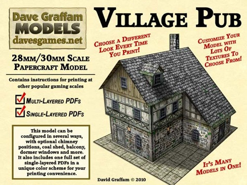 Village Pub 30mm Paper Model PDF, a 28mm/30mm-scale terrain model in grey and brown, features multi-layered PDFs with various textures and customization options, suitable for wargaming, roleplaying, and model railroads, with a recommended material list.