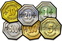Papercraft Fantasy Coins Set featuring 35 octagonal coins in brass, copper, electrum, gold, platinum, and silver, with denominations from 1 to 500, easy to make and ideal for medieval RPGs and wargames.