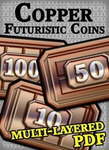 Futuristic Coins Copper Set PDF featuring paper crafts with 2 distinct faces in various denominations including 1, 5, 10, 20, 50, 100, 500, and 1000 for science fiction RPGs and wargames printable on cardstock.