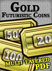 Futuristic Coins Gold Set PDF features multi-layered designs, available in various denominations (1-1000), printable on cardstock, perfect for science fiction RPGs and wargames, includes multiple sheets for creating 24 unique coins each.