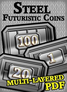 Futuristic Steel Coins papercraft set in metallic finish, featuring 8 denominations (1, 5, 10, 20, 50, 100, 500, 1000), 2-layered designs, and raised numbers, ideal for science fiction RPGs, wargames, and board games.