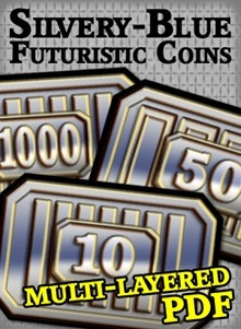 Futuristic Coins Silvery-Blue Set PDF, featuring 24 silver-blue, multi-layered paper pieces with denominations of 1-1000, suitable for science fiction RPGs and wargames, printed on cardstock for realistic game pieces, ideal for home-brewed board games and currency tracking.