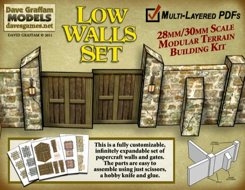 Low Walls 28mm/30mm Modular Paper Models PDF, a modular kit with stone walls, gates, and doors in 28mm/30mm scale for wargaming, roleplaying, and dioramas, requiring cardstock, scissors, and glue for easy assembly.