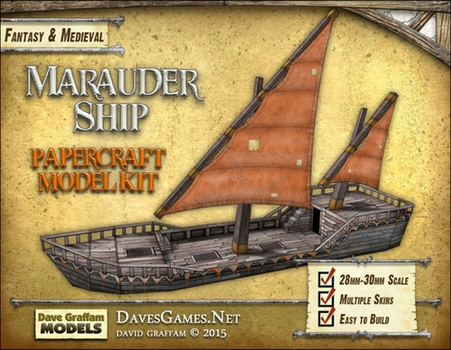 28mm-30mm scale Marauder Ship Paper Model PDF by Dave Graffam, featuring a medieval paper craft kit with brown sails and wooden deck, multiple texture layers, and easy-to-assemble design.
