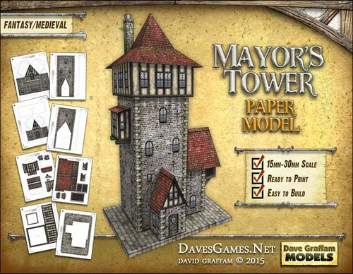 Mayor's Tower Paper Model PDF, a 15-30mm scale medieval fantasy castle with stone and red roof, featuring printable cardstock sheets, available in various scales and printable as single-layered PDFs or JPGs.