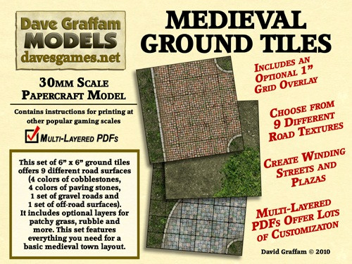 Medieval Ground Tiles PDF, featuring 28-30mm scale terrain with 9 road textures: cobblestones, paving stones, and gravel roads. Includes Red, Gray, Blue, and Yellow styles, with Rough Ground for varied scenery.