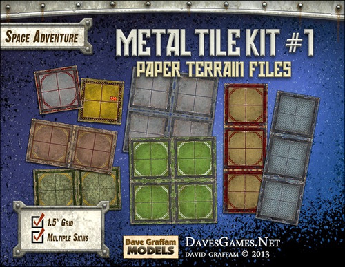 Metal Tile Kit #1 Paper Terrain PDF by Dave Graffam Models, featuring 1.5" grid tiles with optional overlays and skins, available in a blue background, suitable for tabletop gaming and DIY projects.