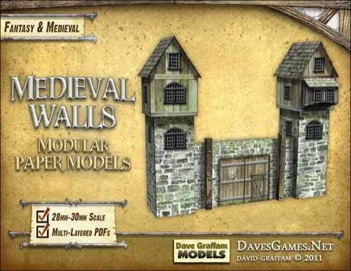 Medieval 28mm scale paper model walls set with modular design, featuring stone walls, watch towers and wooden gates, suitable for wargaming, roleplaying and miniature dioramas, in a 30mm scale format, consisting of multi-layered PDF files.