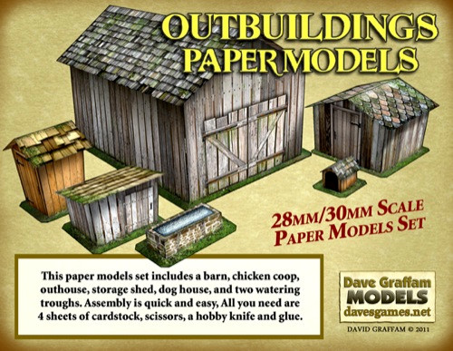 Outbuildings 30mm Paper Models Set PDF featuring 28mm/30mm-scale wargaming and model railroad terrain, including a barn, chicken coop, outhouse, and more, in rustic wooden design, ideal for quick and easy model assembly with minimal materials.