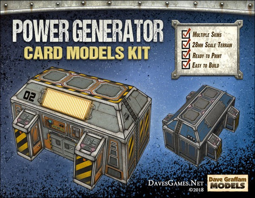 28mm scale Power Generator Paper Model PDF by Dave Graffam Models, featuring grey and yellow 3D terrain pieces, multiple skins, and easy to assemble cardstock build, suitable for 15mm to 30mm gaming scales.