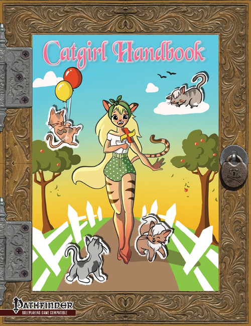 Cartoon catgirl with green headband and polka dot shorts is surrounded by cats and an opossum outdoors on the cover of The Catgirl Handbook PDF, a digital book featuring feline-themed lifestyle content, written in color.