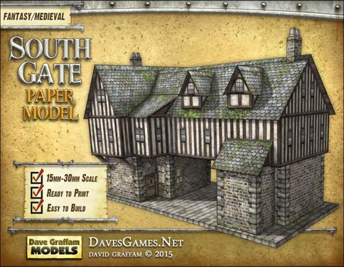 South Gate Paper Model PDF, a medieval medieval building kit in 15mm-30mm gaming scale, featuring a gray stone base and wooden upper structure, available in multiple scales, by Dave Graffam Models, easy to assemble and print.