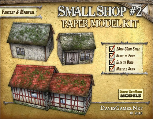 Small Shop #2 Paper Model Kit PDF, a 15mm-30mm scale model featuring rustic buildings with varied roofs and facades, easy to assemble with step-by-step instructions, designed for fantasy and medieval settings by Dave Graffam Models.