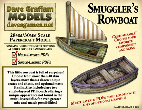 Smuggler's 28mm/30mm papercraft rowboat, a customizable model with striped sail and wooden boat design, ideal for tabletop gaming and dioramas, including multi-layered printable PDFs for varied appearances and scales.
