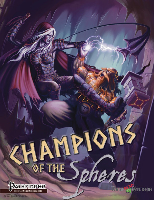 Champions of the Spheres PDF fantasy eBook cover art, featuring dynamic combat scene, vibrant orange and purple hues, Pathfinder brand logo, and an urban fantasy setting in a digital format.