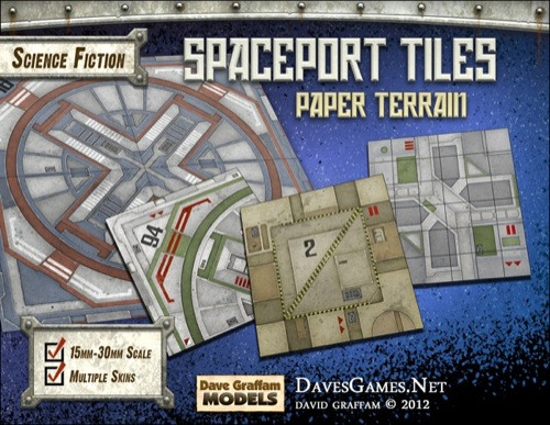 Spaceport Tiles Paper Terrain PDF by Dave Graffam Models, featuring 110 lb cardstock print, blue background, textured designs, and grid layouts in 15mm-30mm scale, with adjustable print size percentages and optional foamcore mounting.