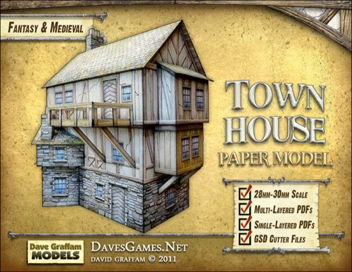 28mm/30mm Townhouse Paper Model PDF, featuring medieval-style wooden architecture, multiple texture layers, stone base, and high-quality 300dpi graphics for model railroad or gaming use with easy step-by-step instructions included.
