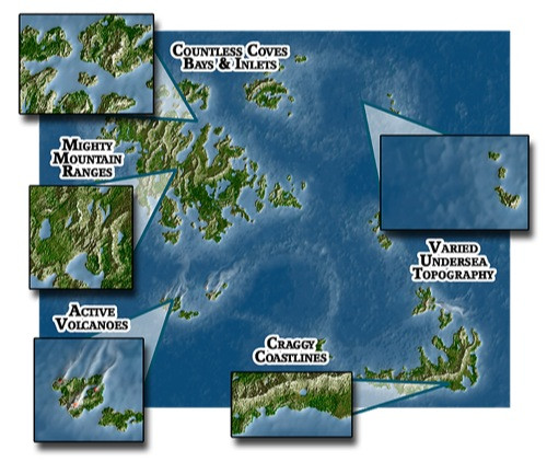 Unlabeled 8x10 full-color map of a fictional island group featuring craggy coastlines, mountains, active volcanoes, and varied underwater topography, ideal for fantasy, modern, pulp, or science fiction games with flexible scale representation.