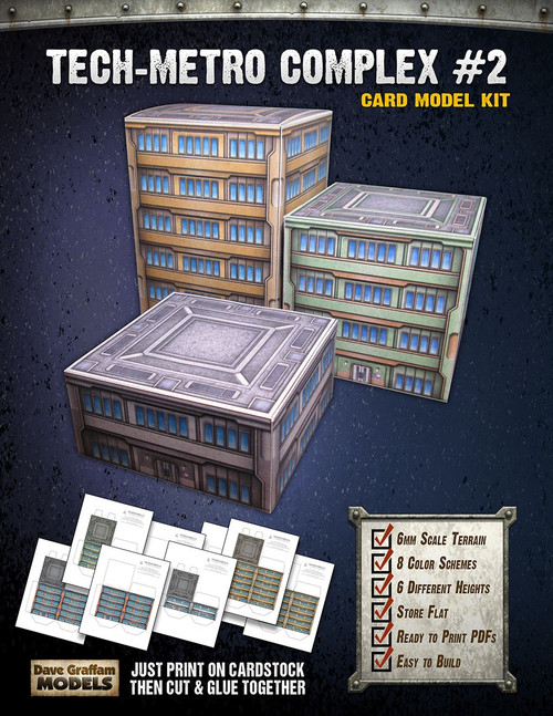 Tech-Metro Complex #2 6mm scale card model kit in various colors, 6mm gaming terrain, printable PDFs with 8 color schemes, ideal for tabletop gaming and model assembly with hobby knife and glue.