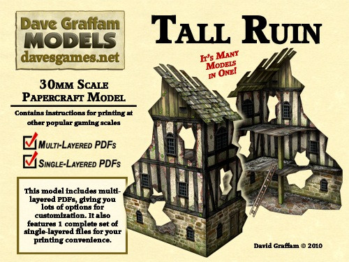 Tall Ruin 28mm/30mm Papercraft Model PDF, a customizable, multi-layered terrain for wargaming, roleplaying, and model railroads, featuring red brick, gray brick, stone, and plaster-and-beams textures on a 28mm/30mm-scale cardstock model.