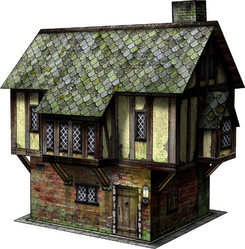 Tudor House 28mm/30mm Paper Model PDF, a detailed medieval brick and timber building with green roof, brown door, and windows, suitable for wargaming, dioramas, model railroads and tabletop settings.