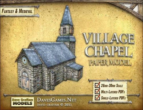 Village Chapel 30mm Paper Model PDF, 300dpi, multi-layered, featuring a stone church with blue steeple and yellow background, compatible with 28mm-30mm scales for fantasy and medieval gaming.