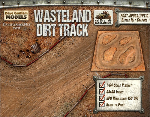 Wasteland Dirt Track Game Mat in 48x48 inches size, designed for 1/64 scale die-cast cars, 20mm-25mm wargames and compatible with Gaslands, featuring worn-down paint lines, shortcut pit road with treacherous routes.