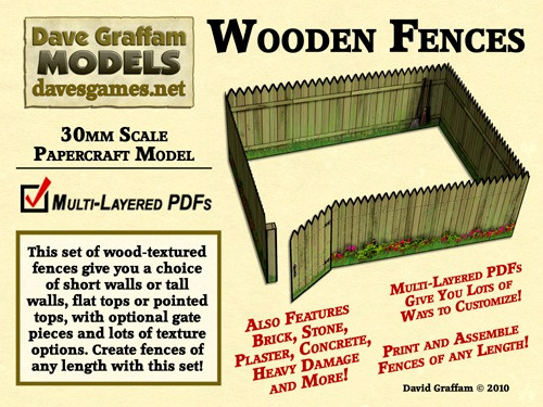 28mm/30mm-scale Wooden Fences paper models in 4 styles (short flat-topped, tall flat-topped, short picket, tall picket) with 7 color options (natural wood to white) and optional layers for wargaming, dioramas, and model railroads use.
