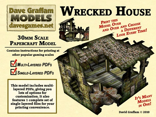 Wrecked House 30mm paper model PDF, 28mm-scale terrain for wargaming and roleplaying, featuring multi-layered customization, various textures, from Dave Graffam Models, requires cardstock and assembly for experienced modelers.