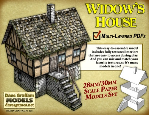 Widow's House 30mm paper model in 28mm/30mm scale with textured interiors, requiring 11 sheets of cardstock, scissors, and glue for easy assembly. A paper terrain by Dave Graffam Models, suitable for tabletop gaming.