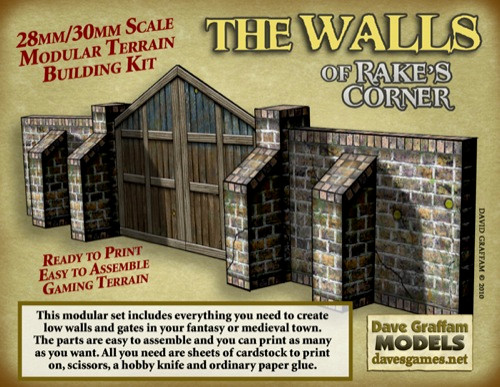 Walls of Rake's Corner PDF 28mm/30mm scale fantasy/medieval modular terrain kit featuring printable grey stone and brown walls, gates, and doors with short and tall buttresses and joining columns, perfect for tabletop games and DIY construction.