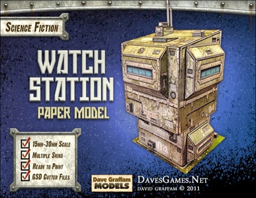 Watch Station Paper Model PDF, a 28mm-30mm scale sci-fi paper model kit, featuring multiple skins and available in various sizes from 15mm to 30mm. Design by Dave Graffam Models, a cardstock model with customizable textures.
