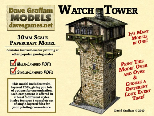 30mm-scale Watch Tower paper model featuring brick, stone, and textured roof options, customizable balconies and multiple story options, ideal for wargaming, roleplaying, miniature dioramas, model railroads, and DIY terrain.