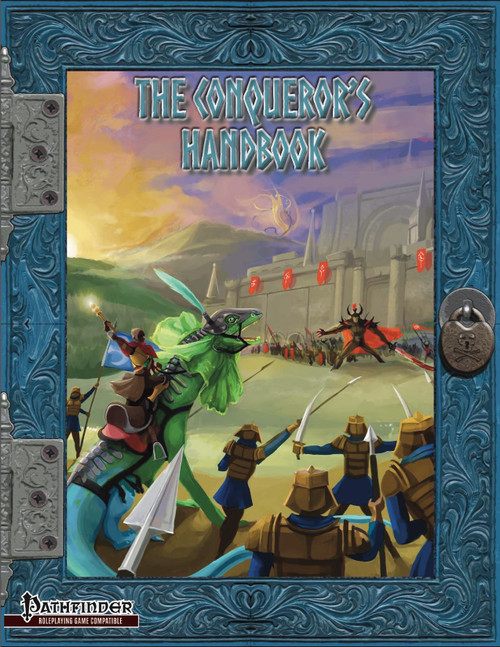 The Conqueror's Handbook PDF Pathfinder guide featuring a green dragon battling warriors on a medieval battlefield, amidst a purple and yellow sky, with a blue border and metal accents, set in a fantasy landscape.
