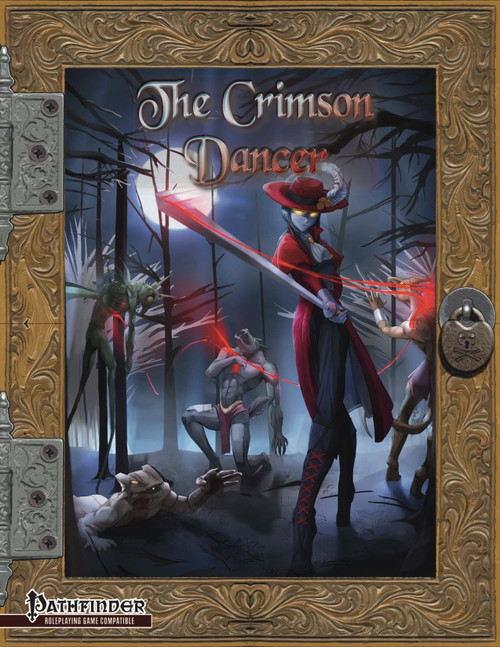 The Crimson Dancer PDF, Pathfinder adventure module featuring a woman in red attire on a dark background with ornate gold and silver accents, highlighting combat scenes and her sword.
