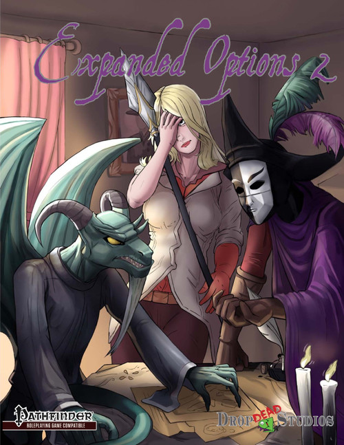 Expanded Options 2: Champion Options PDF from Pathfinder, a 48-page character guide featuring fantasy artwork with a blonde woman, green dragon, and medieval setting, including Drop Dead Studios logo in purple.