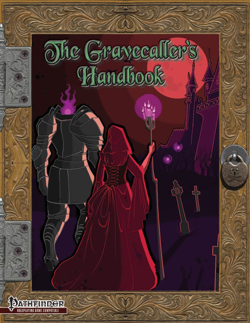 A cover for The Gravecaller's Handbook PDF, featuring a hooded figure and armored character in front of a night-time graveyard under a full moon, published by Pathfinder, a digital download.