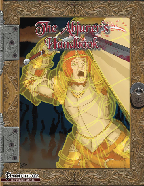 The Abjurer's Handbook (Pathfinder RPG) PDF cover, featuring a woman in white armor, a gold border, and the title in red, 8.5 x 11 inches PDF document, by [Brand name], for fantasy role-playing games enthusiasts.